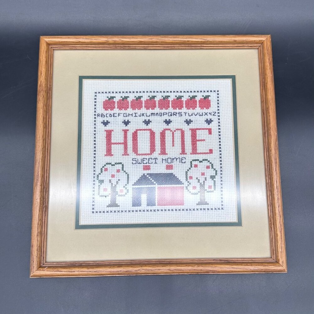 Vintage Home Sweet Home Cross Stitch Wall Art Wood Frame Rustic Farmhouse Decor - Picture 2 of 9